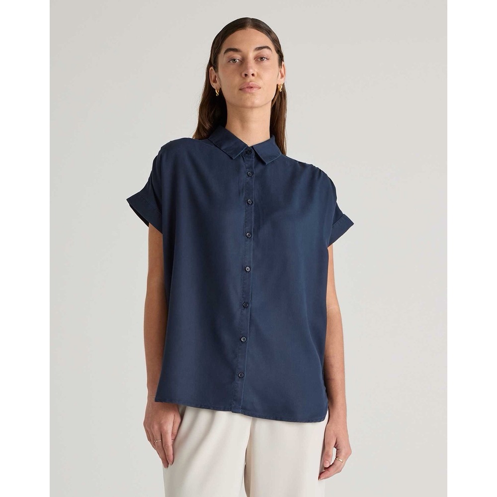 Quince Women's Vintage Wash Tencel Camp Shirt Midnight Blue Sleeved Top Sz S